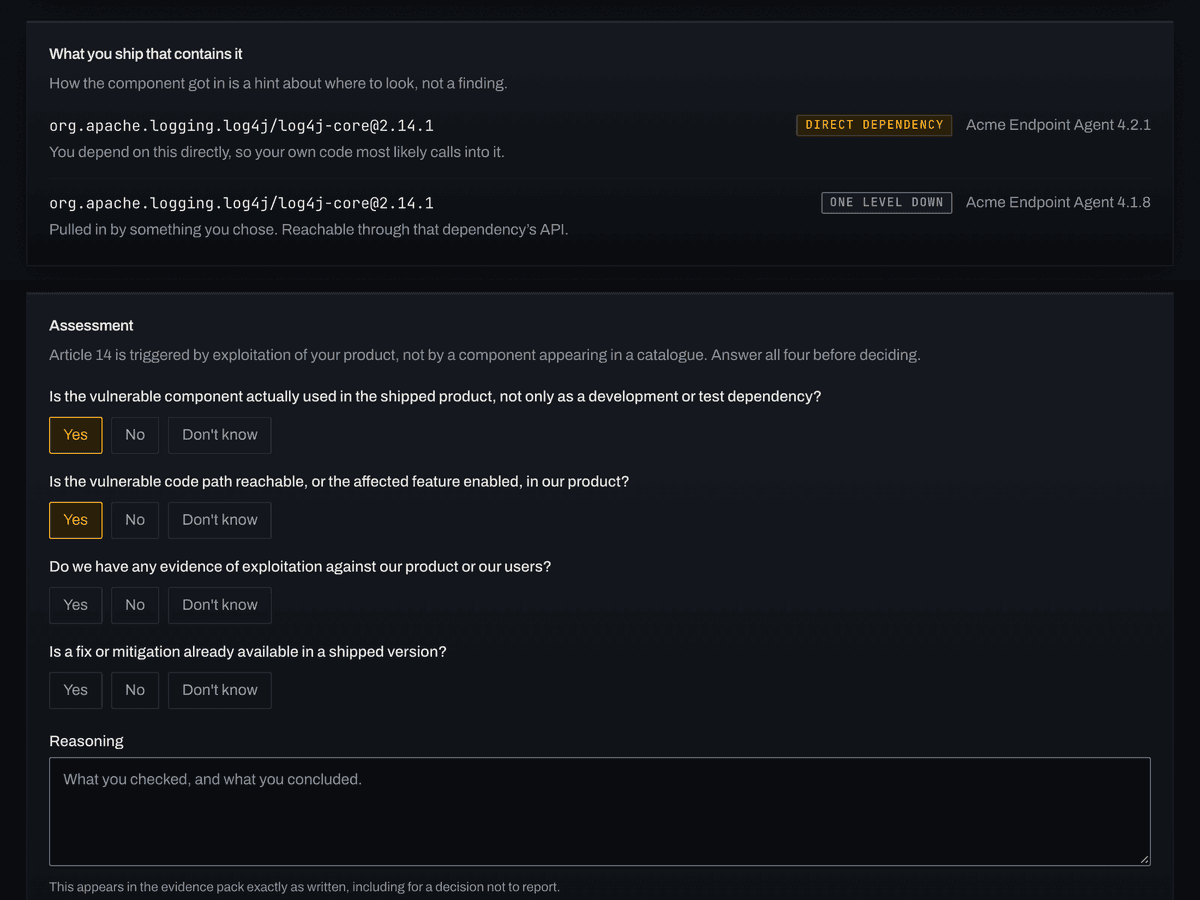 The alert for CVE-2021-44228 in Acme Endpoint Agent: log4j-core 2.14.1 found as a direct dependency of version 4.2.1 and one level down in 4.1.8, then the four assessment questions, two of them answered Yes.